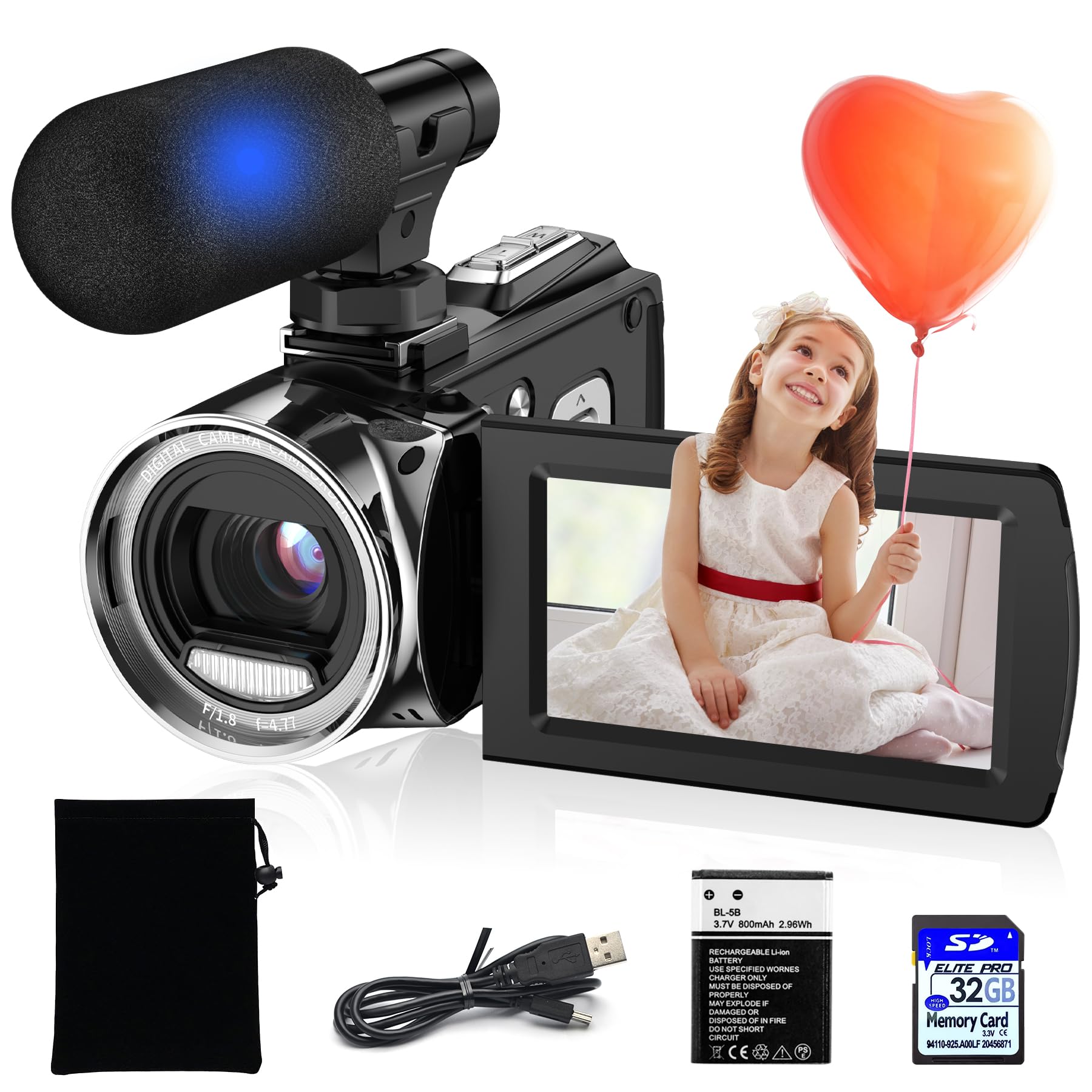 Rumyums Video Camera Camcorder, 4K Camcorder 48Mp 18X Digital Video Camera For Youtube 3.0'' 270 Degree Rotation Screen Video Re